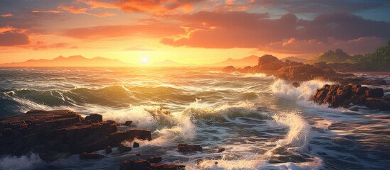 Waves pounding rocks at sunset