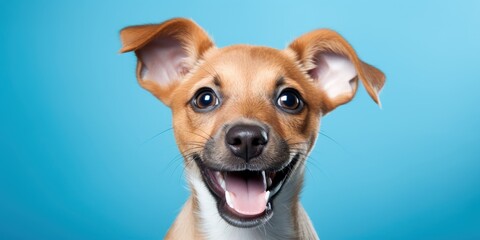 A happy beagle with droopy ears on a blue background.