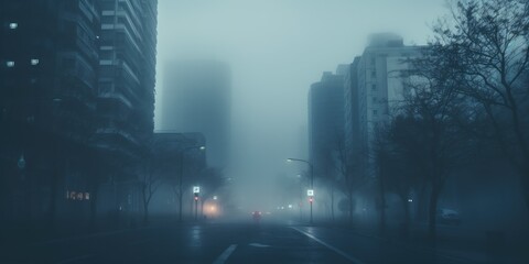 A foggy street with the outlines of people and cars. - obrazy, fototapety, plakaty