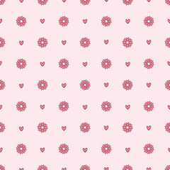 Valentines day seamless geometric pattern with hand drawn hearts and flowers on pink background. Good for wallpaper, textile prints, scrapbooking, wrapping paper, etc. EPS 10