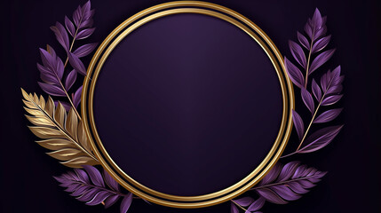 Circle shiny golden frame and leaves in dark purple background.
