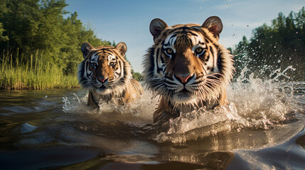 Siberian Tigers in water, AI Generative.