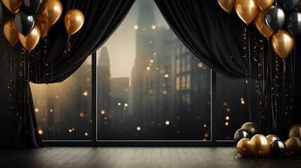 Celebrate event with black curtain and golden balloons background, happy new year and party - obrazy, fototapety, plakaty