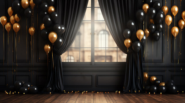 Celebrate event with black curtain and golden balloons background, happy new year and party