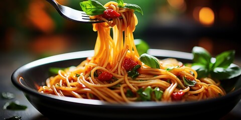A fork twirling steaming spaghetti with bright red sauce and fresh basil.