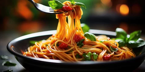 Foto op Canvas A fork twirling steaming spaghetti with bright red sauce and fresh basil. © rorozoa