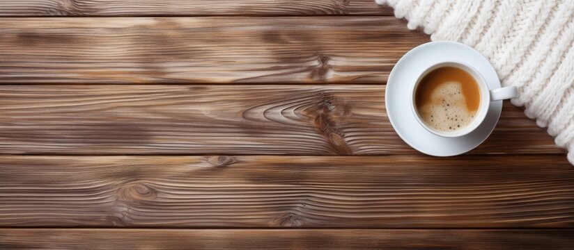 White knitted sweater and coffee on wooden table, viewed from above.