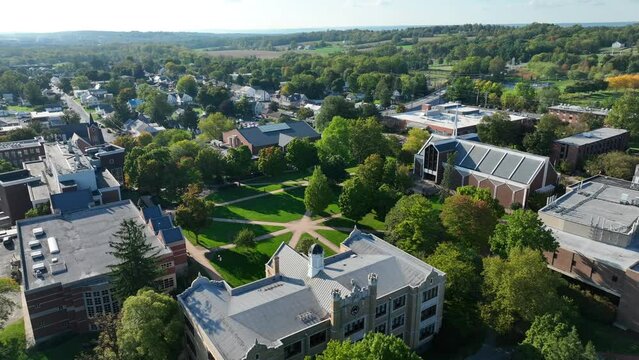College campus in USA town. Aerial view of Lebanon Valley College in Annville, Pennsylvania during autumn sunset.