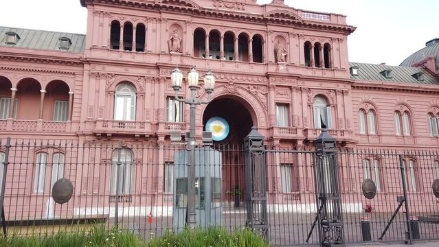 Establishing Shot of Casa Rosada Presidential House Buenos Aires City Argentina Government Building in Plaza de Mayo