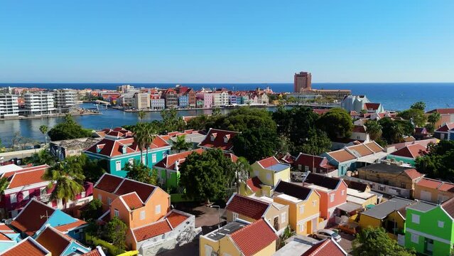 Aerial flyover Otrobanda to reveal Handelskade District Willemstad Curacao
