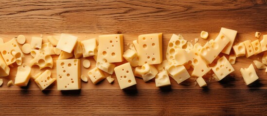 Top view of Swiss cheese pieces on cutting board.