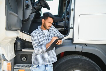 Logistics, delivery car and man with clipboard paperwork or checklist for stock, product...