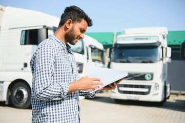 Logistics, delivery car and man with clipboard paperwork or checklist for stock, product...