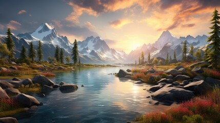 Fototapeta na wymiar A Tranquil Sunrise: Majestic Mountains and Reflective Lake in Nature's Palette