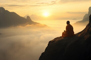 silhouette of a monk  meditation on the top of the mountain - obrazy, fototapety, plakaty