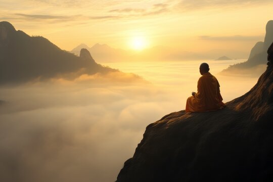 silhouette of a monk  meditation on the top of the mountain