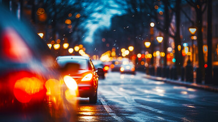 Street traffic in the city at dusk in the rain