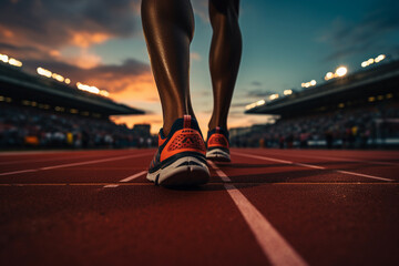Sprinter on track, getting ready to run, with stadium background, sports and healthy lifestyle concept