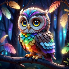 Naklejka premium Rainbow color owl in the magical forest 