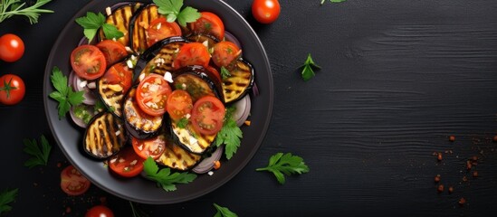 Top view of a salad with baked eggplant and fresh tomatoes.