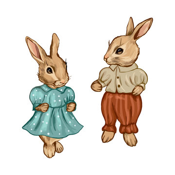 Two rabbits, a boy rabbit and a girl rabbit. Vector illustration for Easter holiday. Design element for greeting cards, invitations, covers, banners.