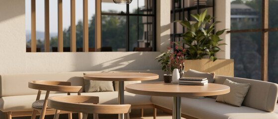 Wooden tables, wooden armchairs, and a cosy couch in a beautiful modern restaurant or cafe.