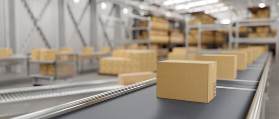 Cardboard boxes on conveyor in a modern distribution warehouse preparing to ship to customers. - obrazy, fototapety, plakaty