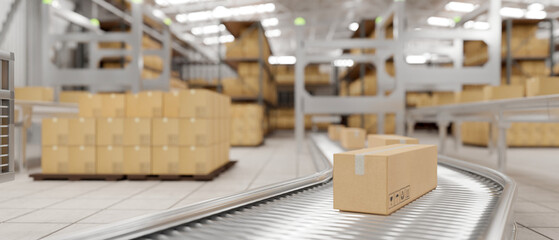 Cardboard boxes on conveyor belt in a modern distribution warehouse preparing to ship to customers.