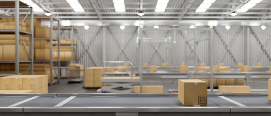 Warehouse with cardboard boxes on a conveyor and shelves of parcel. freight transportation industry.