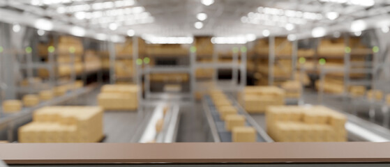 Mockup space on a wooden tabletop with a blurred background of a a modern distribution warehouse.