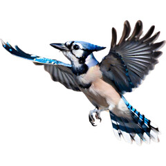 A close-up painting of a blue jay flying in the air with beautiful postures. 