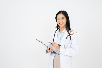 Asian female doctor woman in white medical gown hold clipboard isolated on white background.