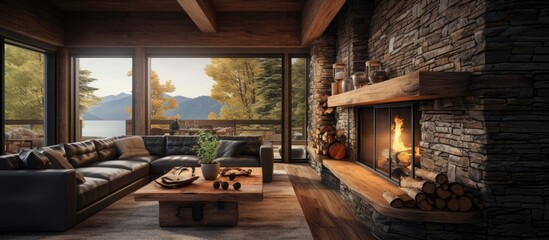 Mountain cedar rustic home with wooden ceiling, rock fireplace. Living room interior.