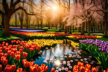 Gorgeous garden with vibrant spring flowers and fresh tulips in bloom, as well as a stunning spring landscape. Wonderful park with exquisite flowers and vegetation - obrazy, fototapety, plakaty