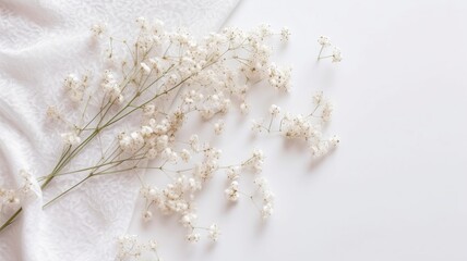 baby's breath on white fabric background for copy space, wedding card, template, design etc. Generative AI