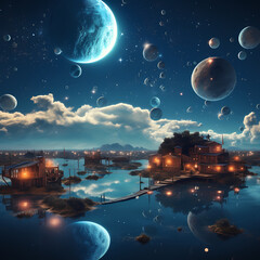 A surreal night sky with floating islands and moons.