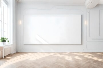 Large blank white painting on the wall in a minimalist room