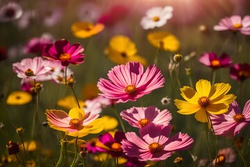 Orange, pink, and yellow, Full-blown cosmo blooms in a bright field