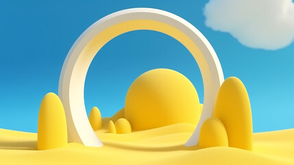 3D animation surreal desert landscape with yellow arches and white clouds in the blue sky. Modern minimal abstract background. Generative AI