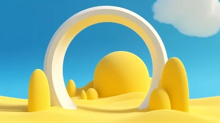 Tuinposter 3D animation surreal desert landscape with yellow arches and white clouds in the blue sky. Modern minimal abstract background. Generative AI © Petruk