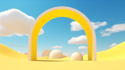 3D animation surreal desert landscape with yellow arches and white clouds in the blue sky. Modern minimal abstract background. Generative AI