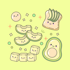 Vector Avocado Bread Slice Fruit with cute facial expressions and pastel colour