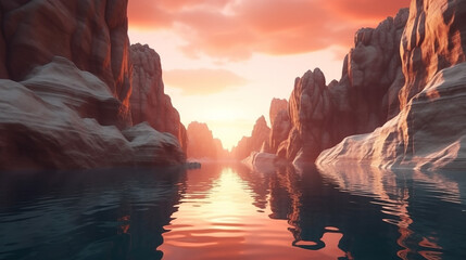 3D render futuristic landscape with cliffs and water. Generative AI - obrazy, fototapety, plakaty
