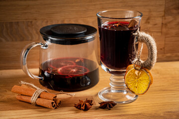 mulled wine on the wooden background