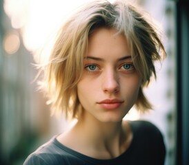 Fototapeta premium A young woman with blue eyes looking at the camera. Generative AI.