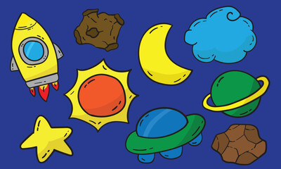 cute Space moon sun rocket  cloud UFO vector with blue background