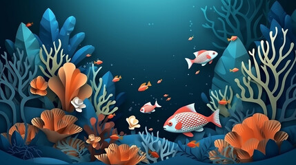 Illustration of blue underwater scene with coral reef with a blue background and a light shining on it. Generative AI