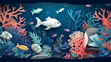 Fototapeta na wymiar Illustration of blue underwater scene with coral reef 