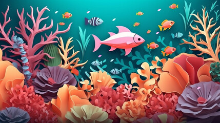 Illustration of colorful underwater scene with coral reef with a blue background