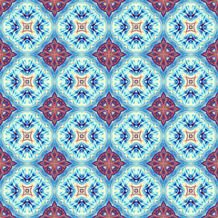 Seamless colorful patchwork from Azulejo tiles. Portuguese and Spain decor. Islam, Arabic, Indian, Ottoman motif.